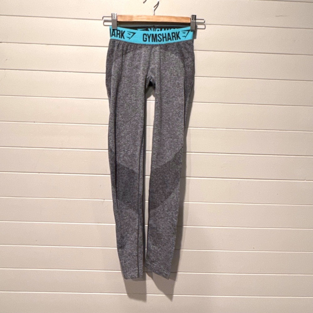 Gymshark Flex Seamless Womens Leggings XS Gray Teal Logo Waistband Workout